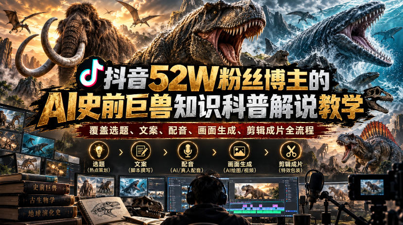 抖音52W粉丝博主的AI史前巨兽知识科普解说教学，覆盖选题、文案、配音、画面生成、剪辑成片全流程-超级会员网