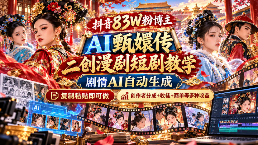 抖音83W粉博主AI甄嬛传二创漫剧短剧教学｜剧情AI自动生成，复制粘贴即可做，各大平台创作者分成+收徒等多种收益-超级会员网