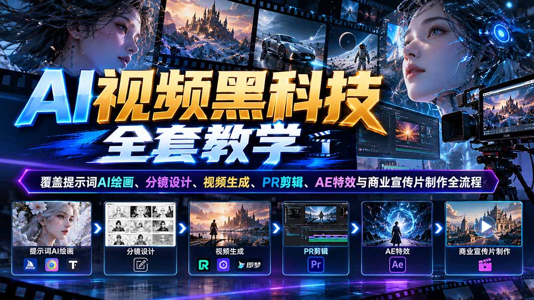 AI视频黑科技全套教学：覆盖提示词AI绘画、分镜设计、视频生成、PR剪辑、AE特效与商业宣传片制作全流程-超级会员网