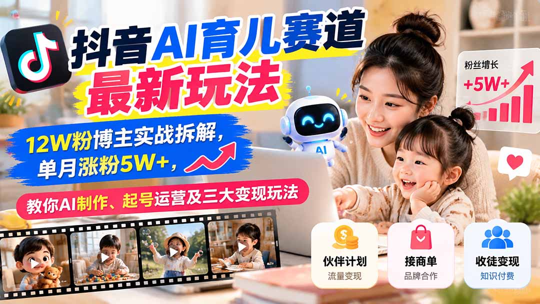 抖音AI育儿赛道最新玩法：12W粉博主实战拆解，单月涨粉5W+，教你AI制作、起号运营及三大变现玩法-超级会员网