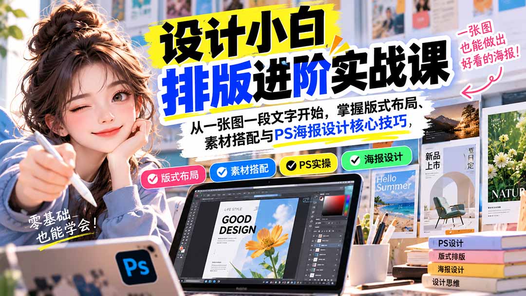 设计小白排版进阶实战课：从一张图一段文字开始，掌握版式布局、素材搭配与PS海报设计核心技巧-超级会员网