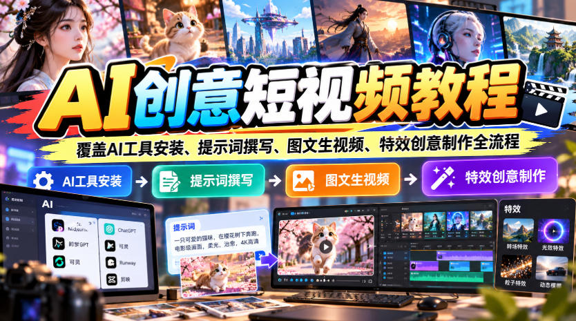 AI创意短视频教程，覆盖AI工具安装、提示词撰写、图文生视频、特效创意制作全流程-超级会员网