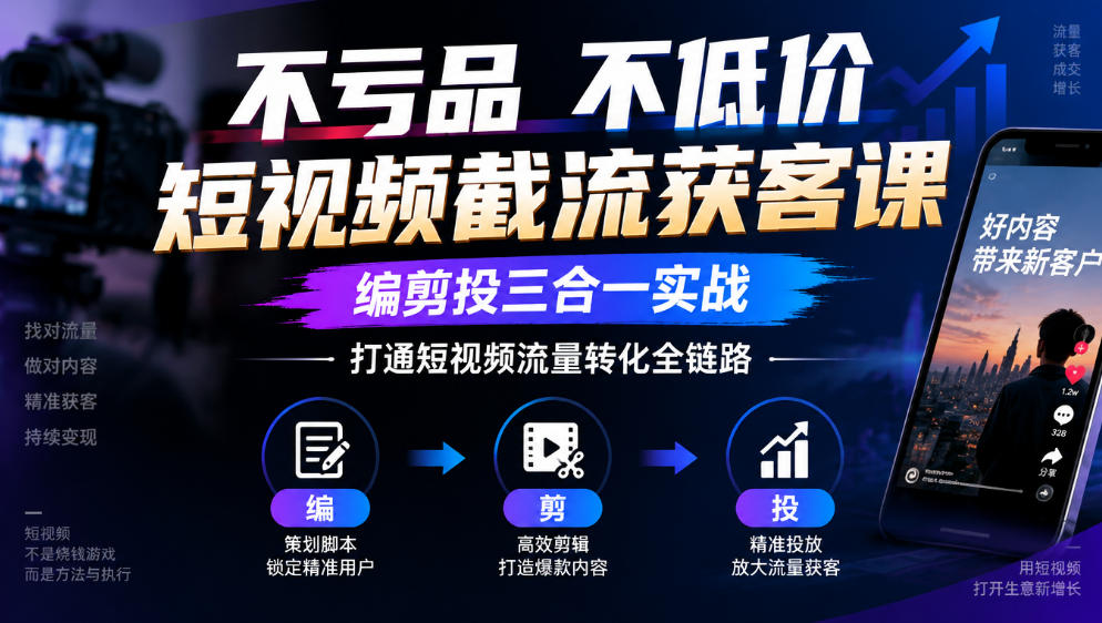 不亏品不低价短视频截流获客课，编剪投三合一实战，打通短视频流量转化全链路-超级会员网