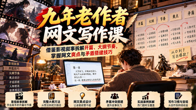 九年老作者网文写作课：借鉴影视叙事拆解开篇、大纲节奏，掌握网文爽点与矛盾搭建技巧-超级会员网