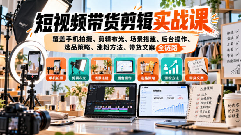 短视频带货剪辑实战课，覆盖手机拍摄、剪辑布光、场景搭建、后台操作、选品策略、涨粉方法、带货文案全链路-超级会员网