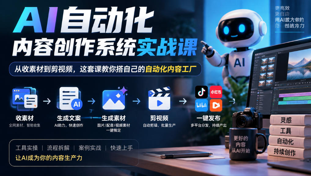 AI自动化内容创作系统实战课，从收素材到剪视频，这套课教你搭自己的自动化内容工厂-超级会员网