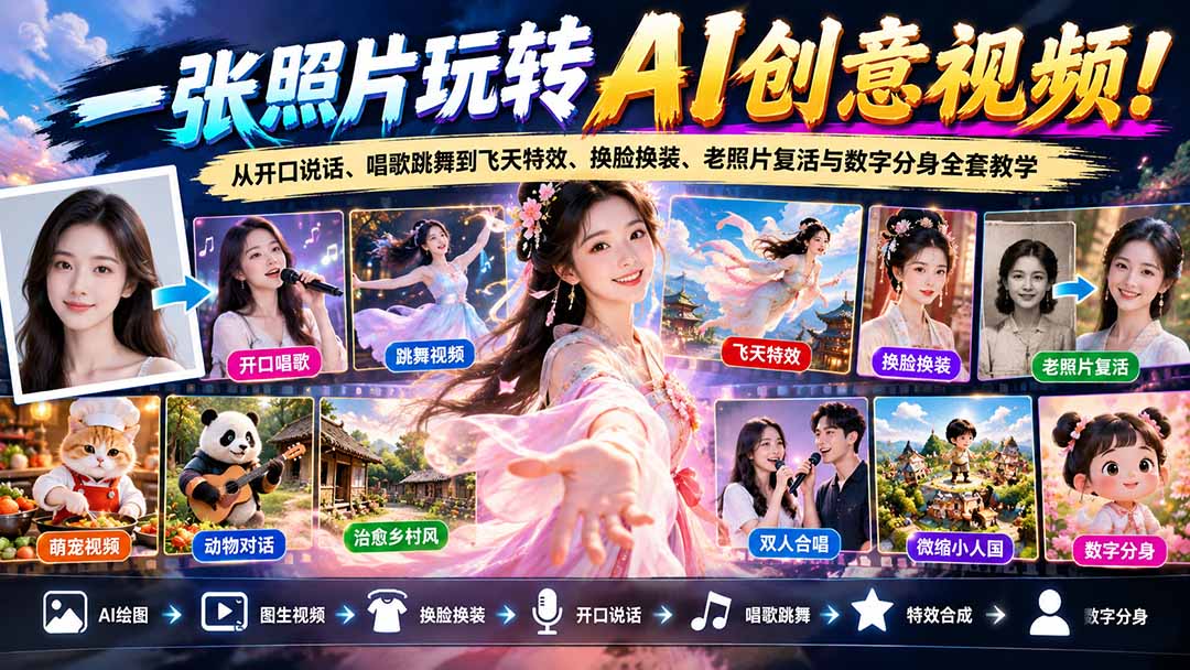 一张照片玩转AI创意视频！从开口说话、唱歌跳舞到飞天特效、换脸换装、老照片复活与数字分身全套教学-超级会员网