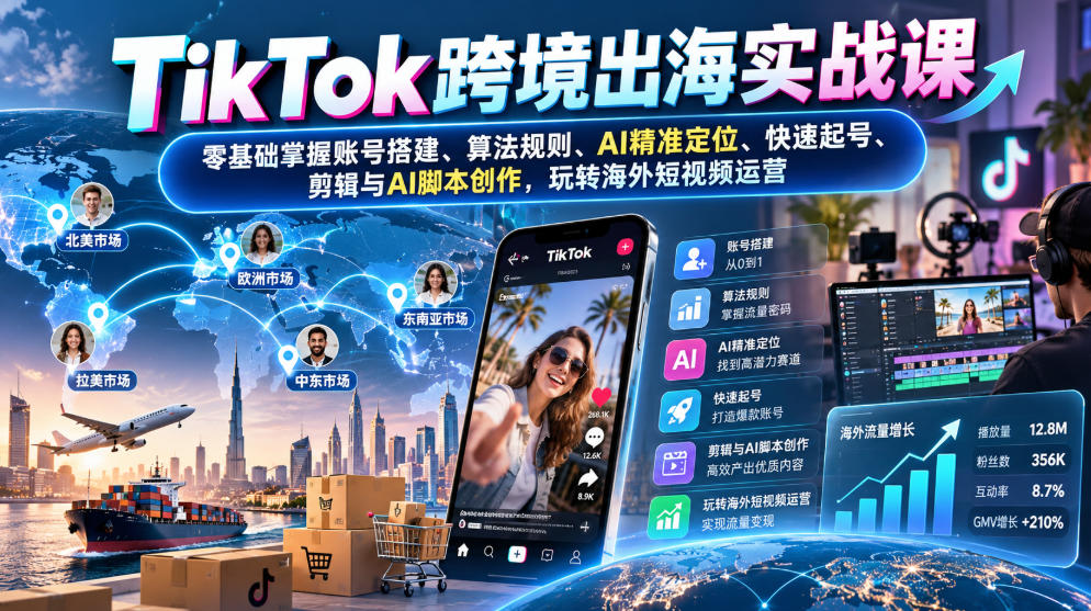 TikTok跨境出海实战课：零基础掌握账号搭建、算法规则、AI精准定位、快速起号、剪辑与AI脚本创作，玩转海外短视频运营-超级会员网