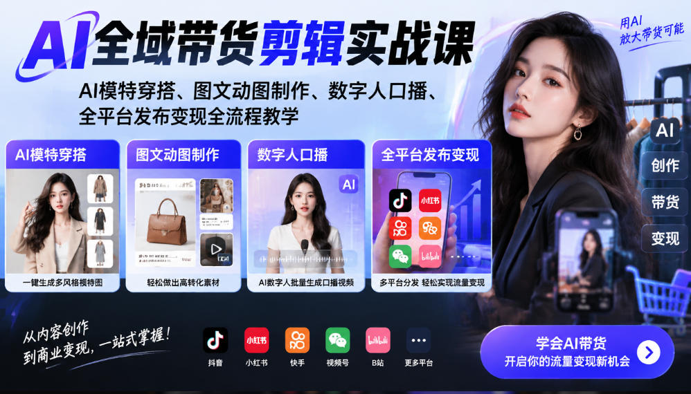 AI全域带货剪辑实战课｜AI模特穿搭、图文动图制作、数字人口播、全平台发布变现全流程教学-超级会员网