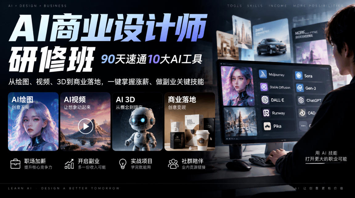 AI商业设计师研修班，90天速通10大AI工具，从绘图、视频、3D到商业落地，一键掌握涨薪、做副业关键技能-超级会员网