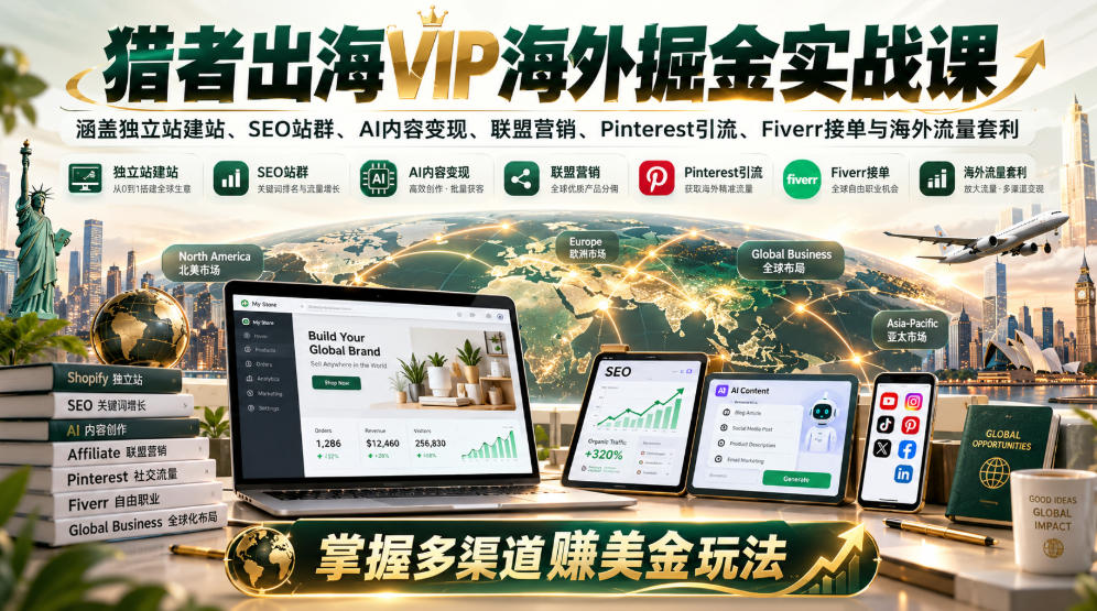 猎者出海VIP海外掘金实战课：涵盖独立站、SEO站群、AI变现、联盟营销、Pinterest引流、Fiverr接单与海外流量套利，掌握多渠道賺美金玩法-超级会员网