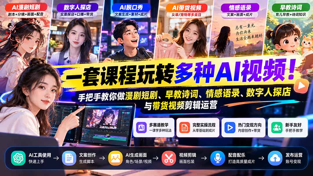 【无水印】一套课程玩转多种AI视频！手把手教你做漫剧短剧、早教诗词、情感语录、数字人探店与带货视频剪辑运营-超级会员网