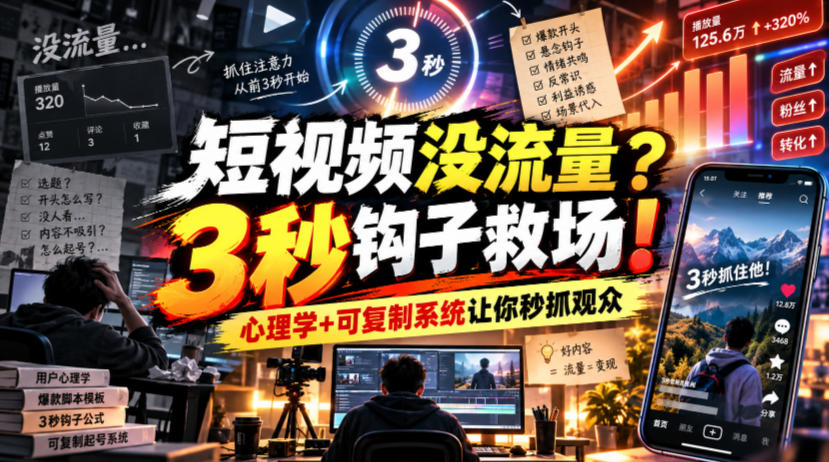 【无水印】短视频没流量？3秒钩子救场！心理学+可复制系统让你秒抓观众【原创双语字幕】-超级会员网