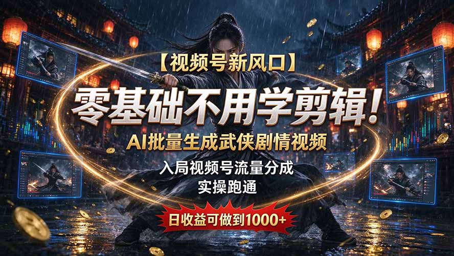【视频号新风口】零基础不用学剪辑！AI 批量生成武侠剧情视频，入局视频号流量分成，实操跑通，日收益可做到 1000+-超级会员网