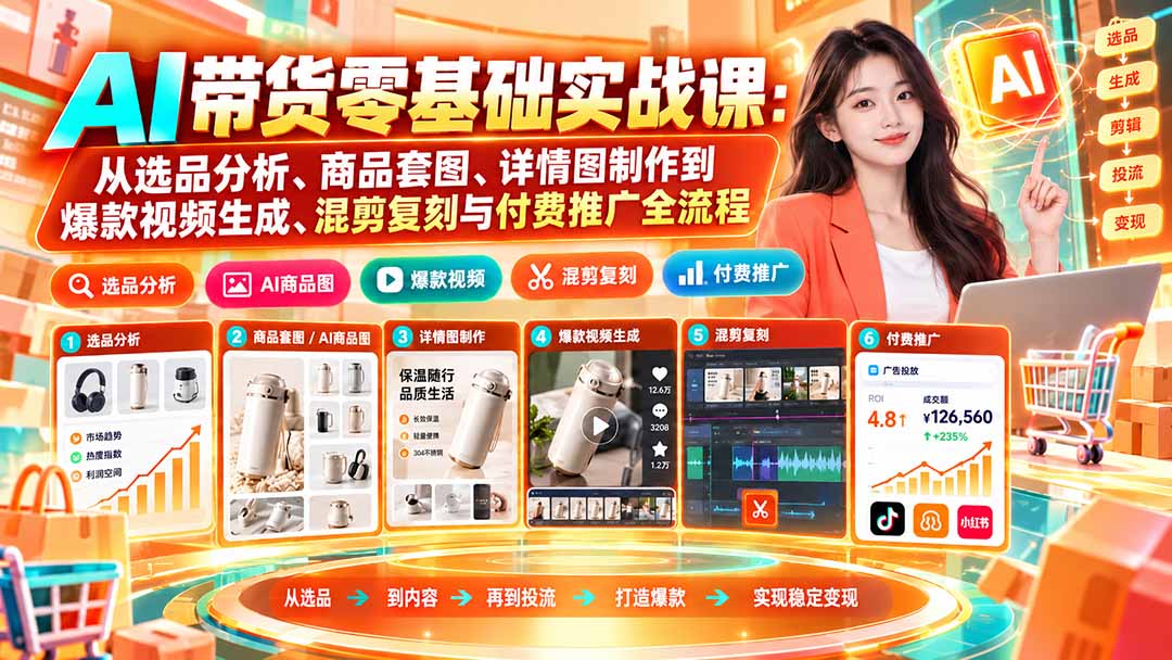 AI带货零基础实战课：从选品分析、商品套图、详情图制作到爆款视频生成、混剪复刻与付费推广全流程-超级会员网