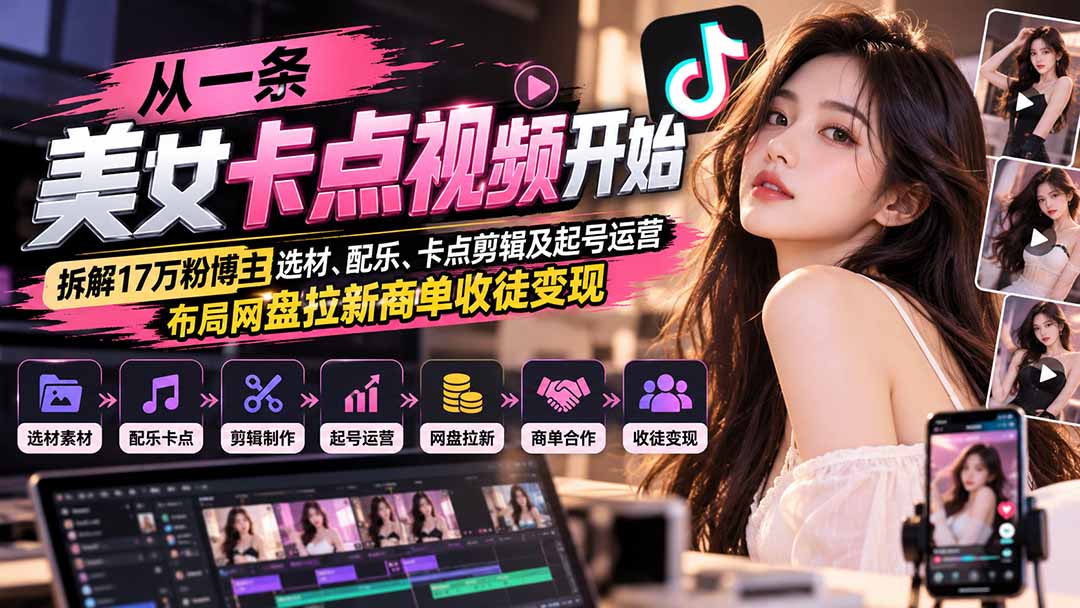 从一条美女卡点视频开始：拆解17万粉博主选材、配乐、卡点剪辑及起号运营，布局网盘拉新商单收徒变现-超级会员网