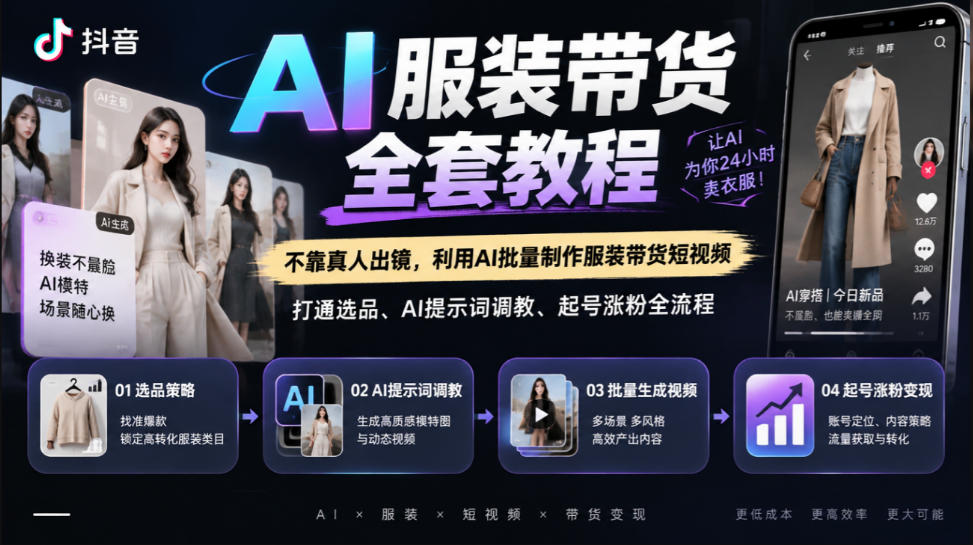 抖音AI服装带货全套教程，不靠真人出镜，利用AI批量制作服装带货短视频，打通选品、AI提示词调教、起号涨粉全流程-超级会员网
