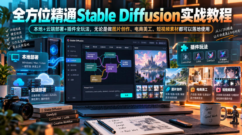全方位精通Stable Diffusion实战教程｜本地+云端部署+插件全玩法，无论是做图片创作、电商美工、短视频素材都可以落地使用-超级会员网