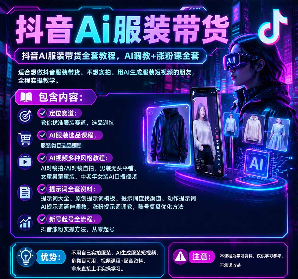抖音AI服装带货全套教程，不靠真人出镜，利用AI批量制作服装带货短视频，打通选品、AI提示词调教、起号涨粉全流程