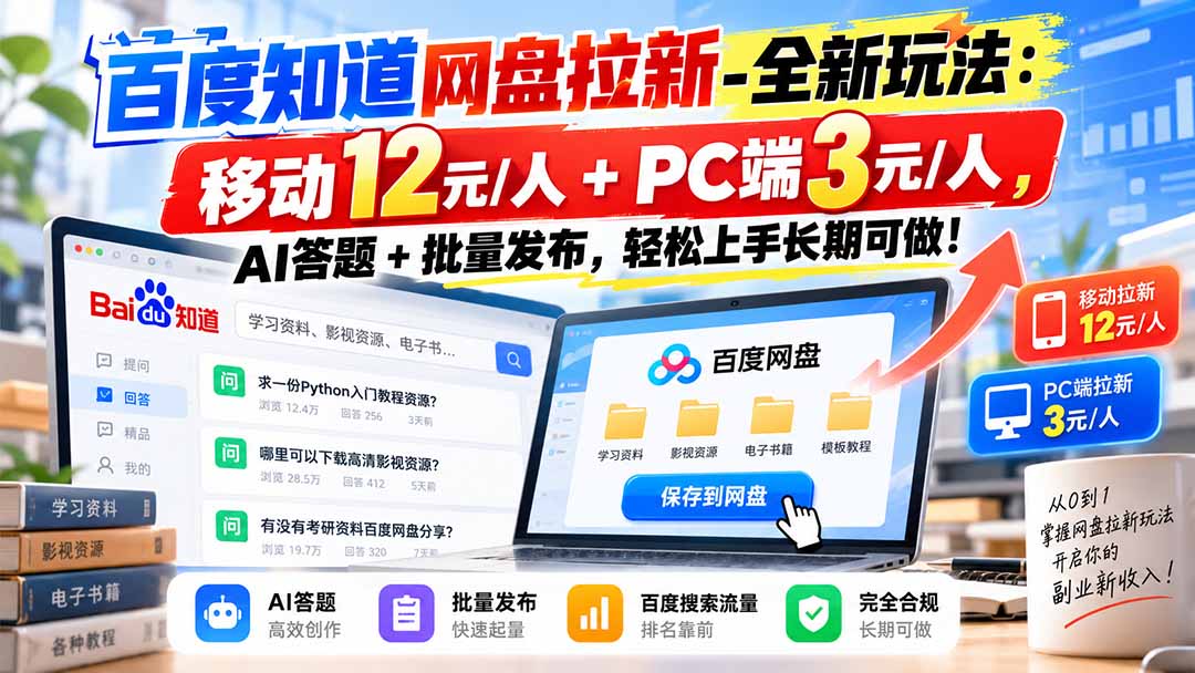 百度知道网盘拉新-全新玩法：移动12元/人+PC端3元/人，AI答题+批量发布，轻松上手长期可做！-超级会员网