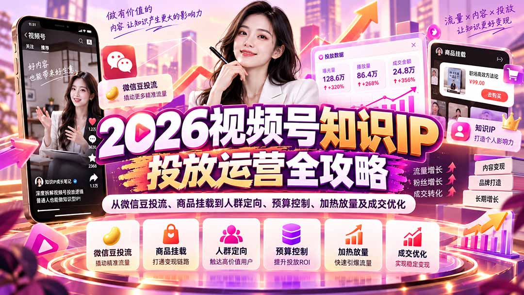 2026视频号知识IP投放运营全攻略：从微信豆投流、商品挂载到人群定向、预算控制、加热放量及成交优化-超级会员网