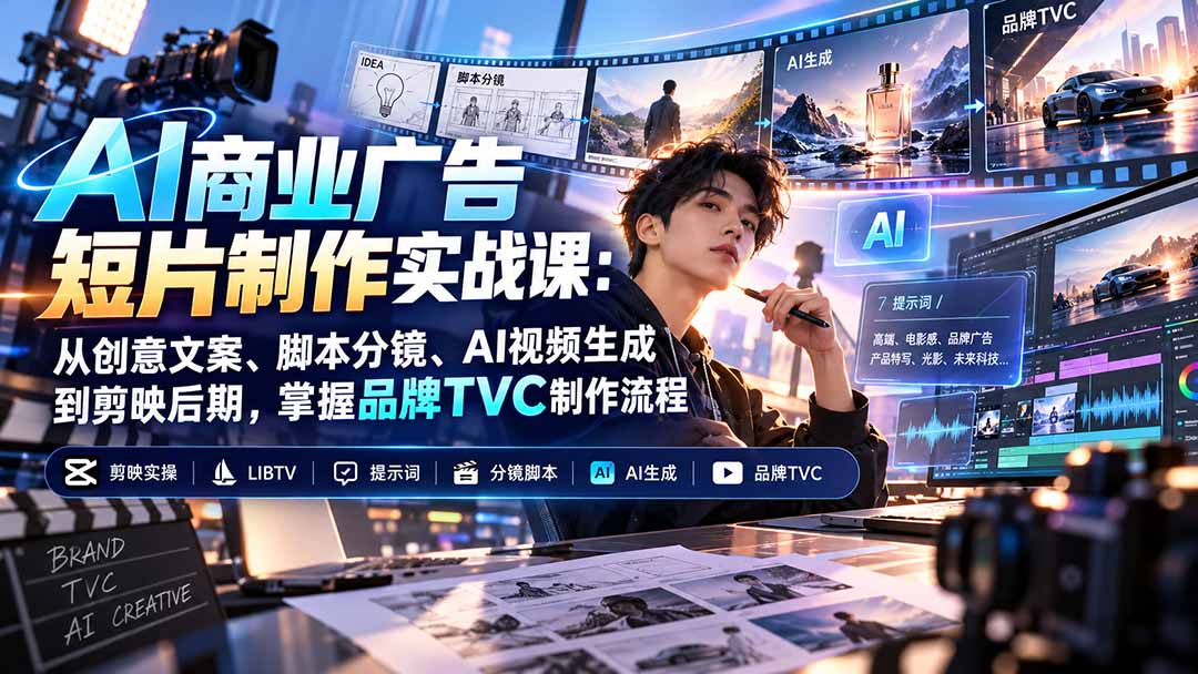 AI商业广告短片制作实战课：从创意文案、脚本分镜、AI视频生成到剪映后期，掌握品牌TVC制作流程-超级会员网