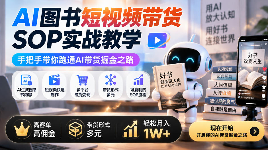 AI图书短视频带货SOP实战教学，手把手带你跑通AI带货掘金之路，高客单高佣金，带货形式多元，轻松月入1W+-超级会员网