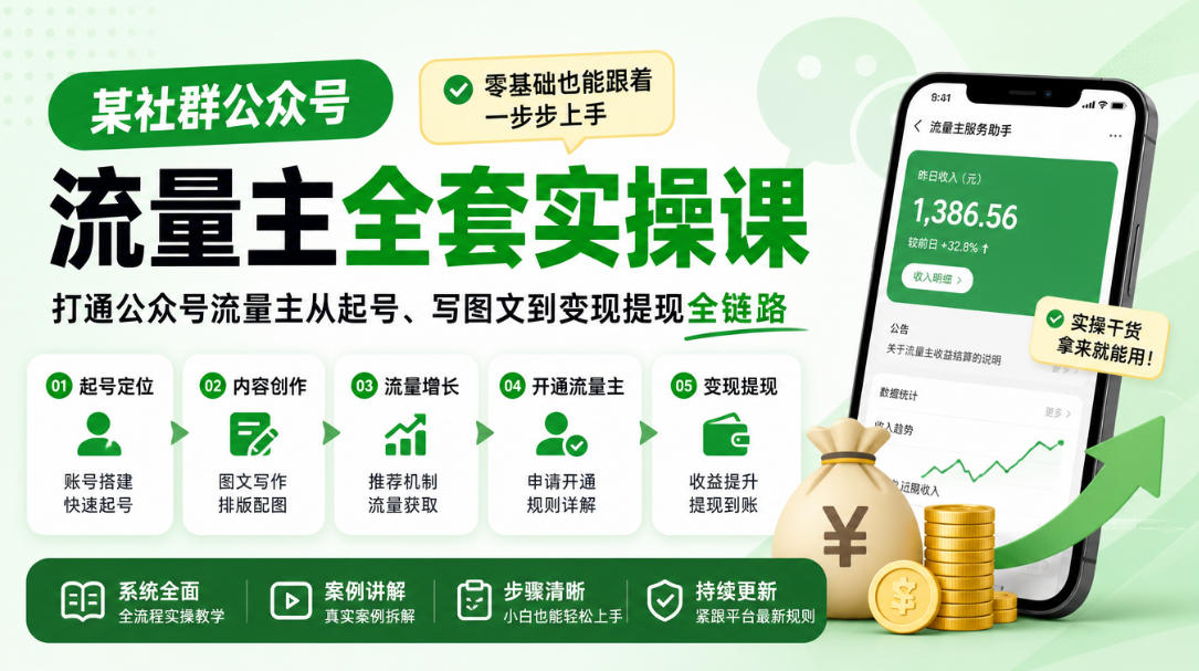 某社群公众号流量主全套实操课，零基础也能跟着一步步上手，打通公众号流量主从起号、写图文到变现提现全链路-超级会员网