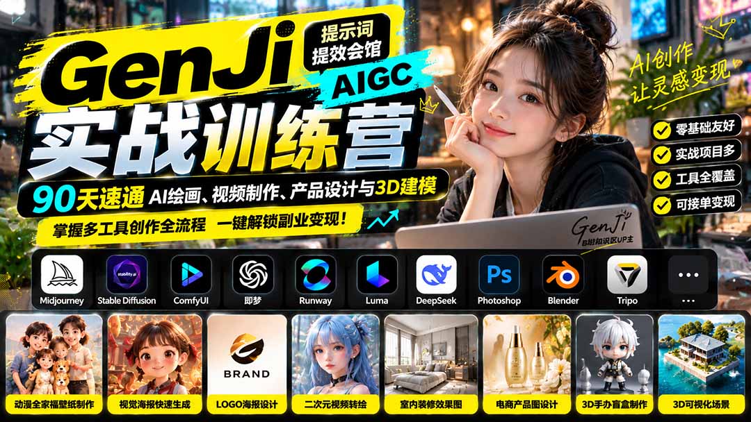 GenJi AIGC实战训练营：90天速通AI绘画、视频制作、产品设计与3D建模，掌握多工具创作全流程-超级会员网