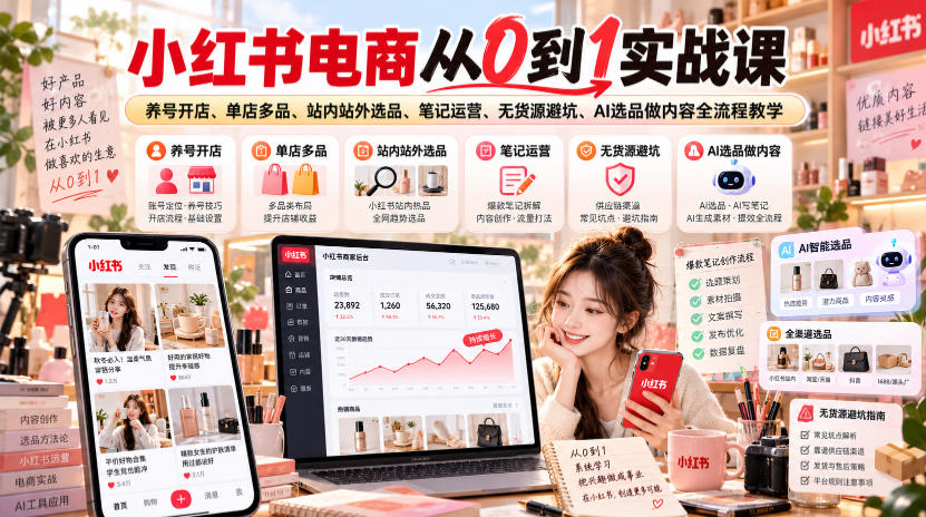 小红书电商从0到1实战课｜养号开店、单店多品、站内站外选品、笔记运营、无货源避坑、AI选品做内容全流程教学-超级会员网