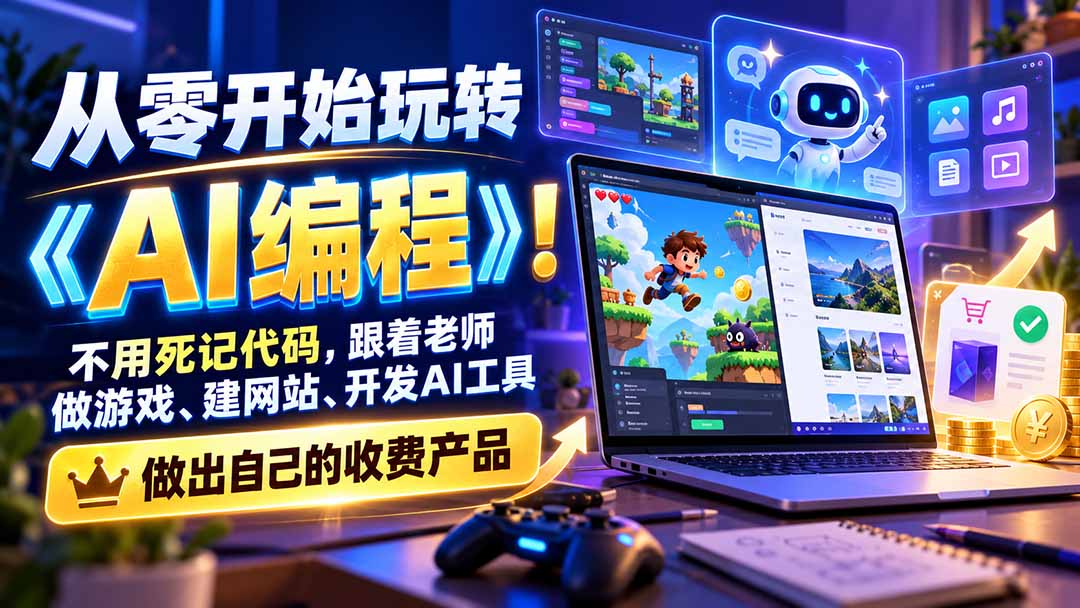 从零开始玩转《AI编程》！不用死记代码，跟着老师做游戏、建网站、开发AI工具，最后完成自己的收费产品-超级会员网
