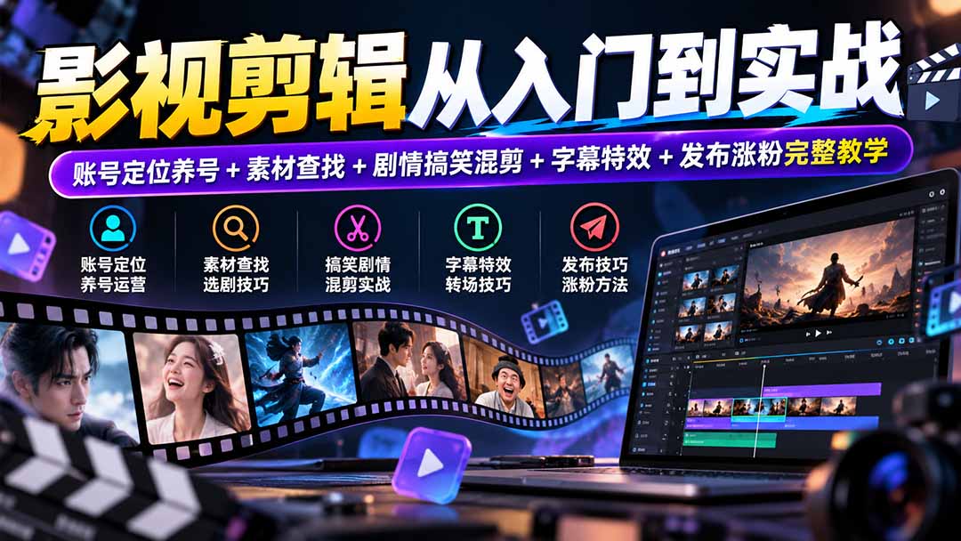 影视剪辑从入门到实战：账号定位养号+素材查找+剧情搞笑混剪+字幕特效+发布涨粉完整教学-超级会员网