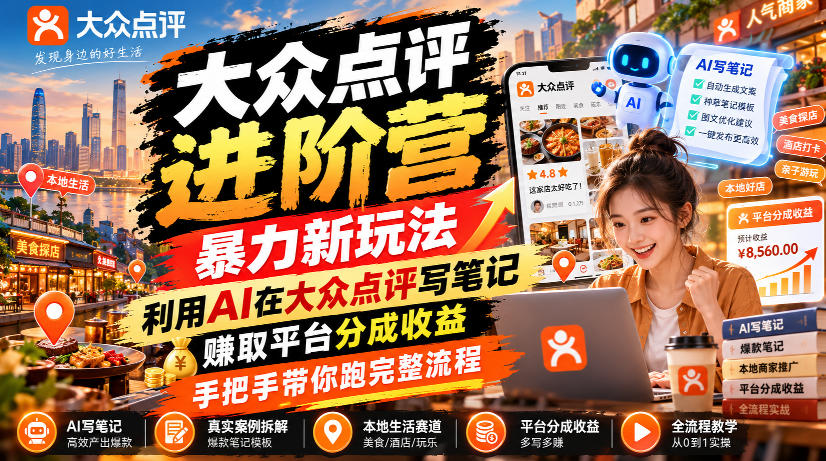 大众点评进阶营，暴力新玩法，利用AI在大众点评写笔记， 賺取平台分成收益，手把手带你跑完整流程-超级会员网