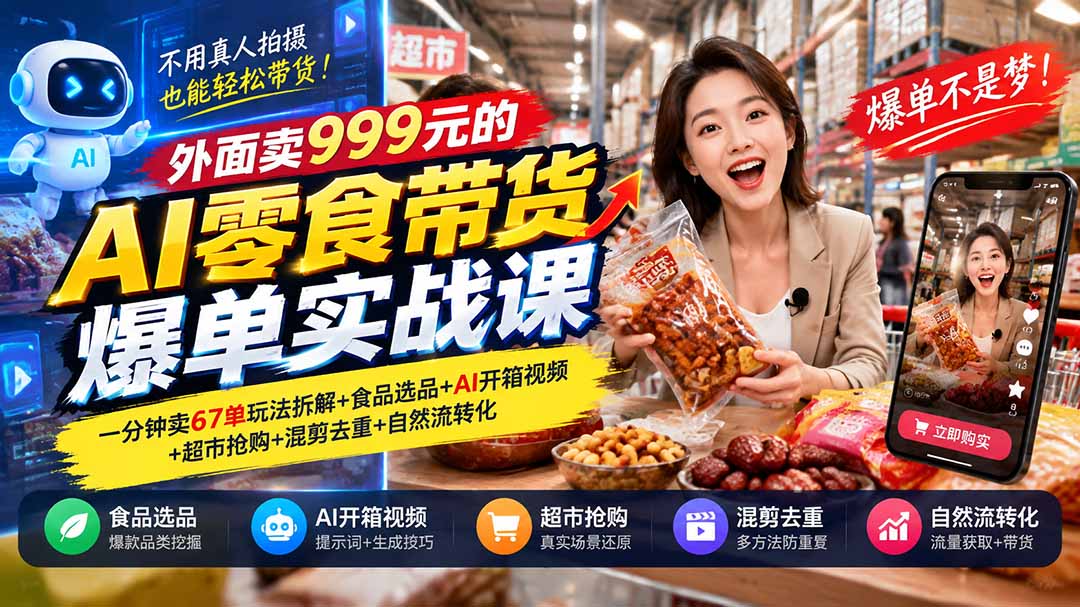 外面卖999元的AI零食带货爆单实战课｜一分钟卖67单玩法拆解+食品选品+AI开箱视频+超市抢购+混剪去重+自然流转化-超级会员网