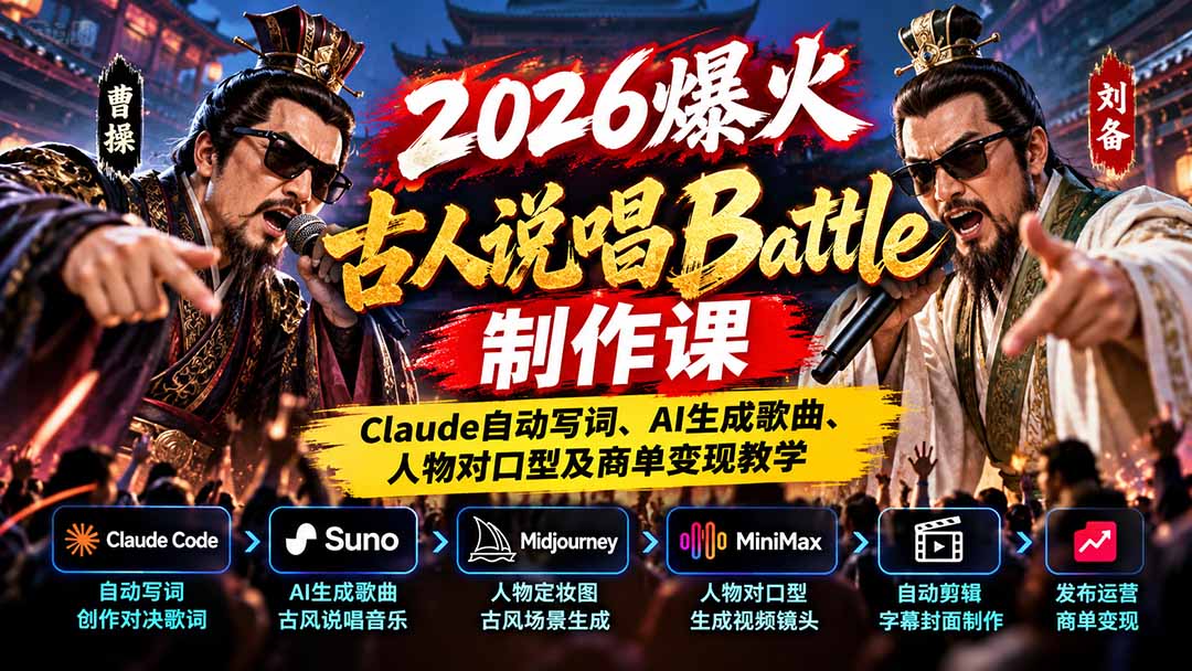 2026爆火古人说唱Battle制作课：Claude自动写词、AI生成歌曲、人物对口型及商单变现教学-超级会员网