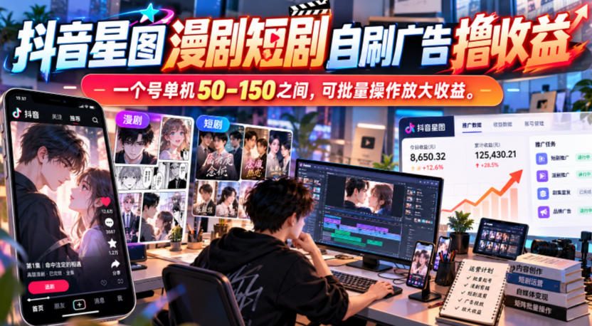 抖音星图漫剧短剧自刷广告撸收益，一个号单机50-150之间，可批量操作放大收益-超级会员网