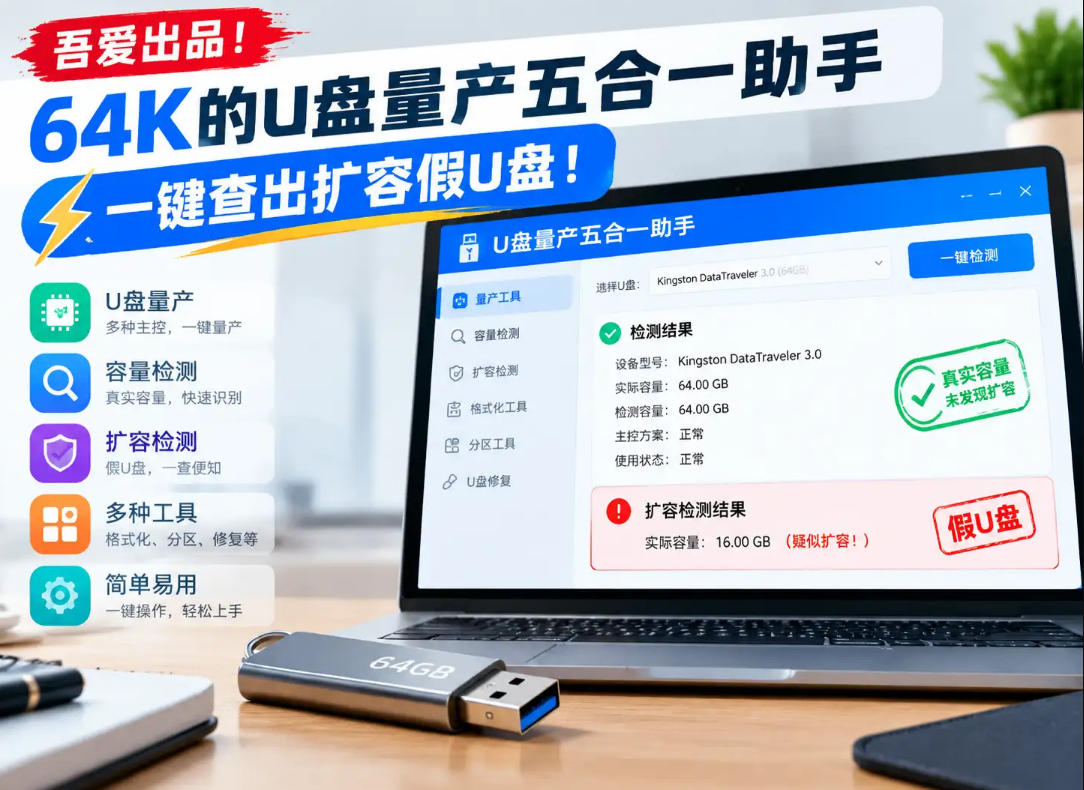 吾爱出品！64K的U盘量产五合一助手，一键查出扩容假U盘！-超级会员网