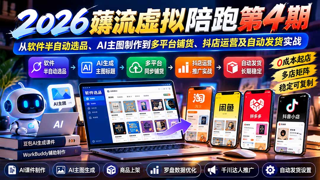 2026薅流虚拟陪跑第4期：从软件半自动选品、AI主图制作到多平台铺货、抖店运营及自动发货实战-超级会员网