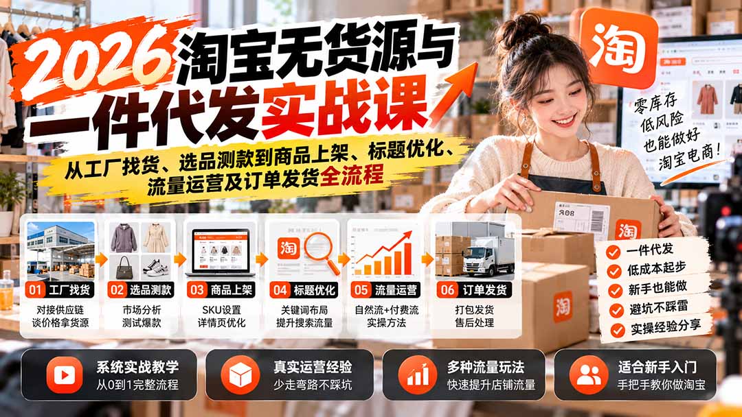 2026淘宝无货源与一件代发实战课：从工厂找货、选品测款到商品上架、标题优化、流量运营及订单发货全流程-超级会员网