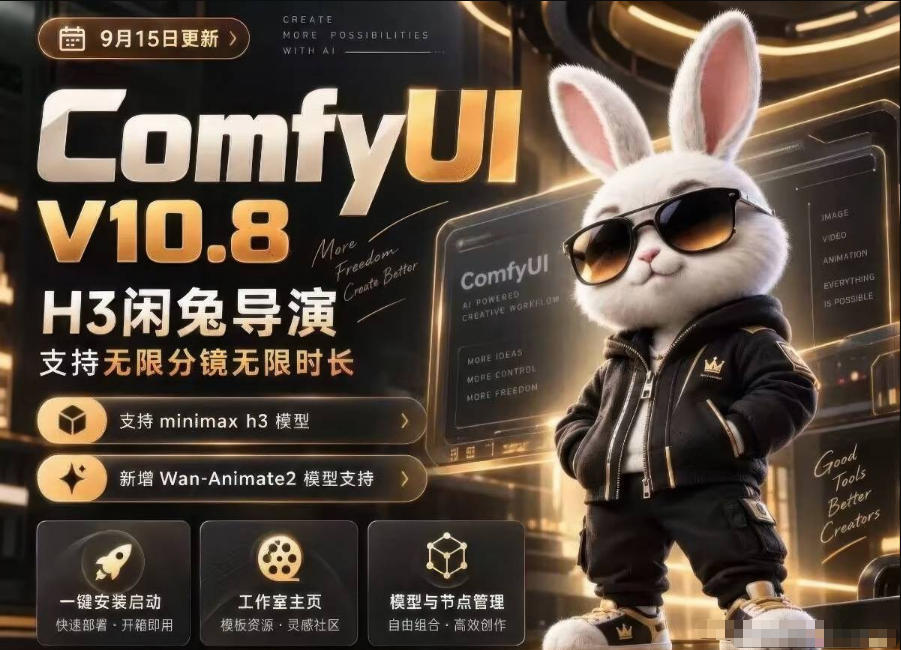 ComfyUI V10.8中文整合包，H3闲兔导演，支持无限分镜无限时长，1000+工作流，动作迁移，角色替换，视频一致性，口型同步，低显存可用-超级会员网