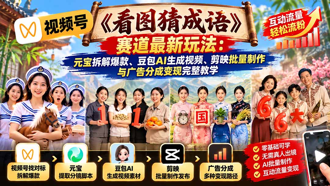 视频号《看图猜成语》赛道最新玩法：元宝拆解爆款、豆包AI生成视频、剪映批量制作与广告分成变现完整教学-超级会员网