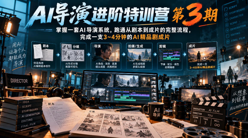 AI导演进阶特训营第3期，掌握一套AI导演系统，跑通从剧本到成片的完整流程，完成一支3~4分钟的AI精品剧成片(附1、2期)-超级会员网