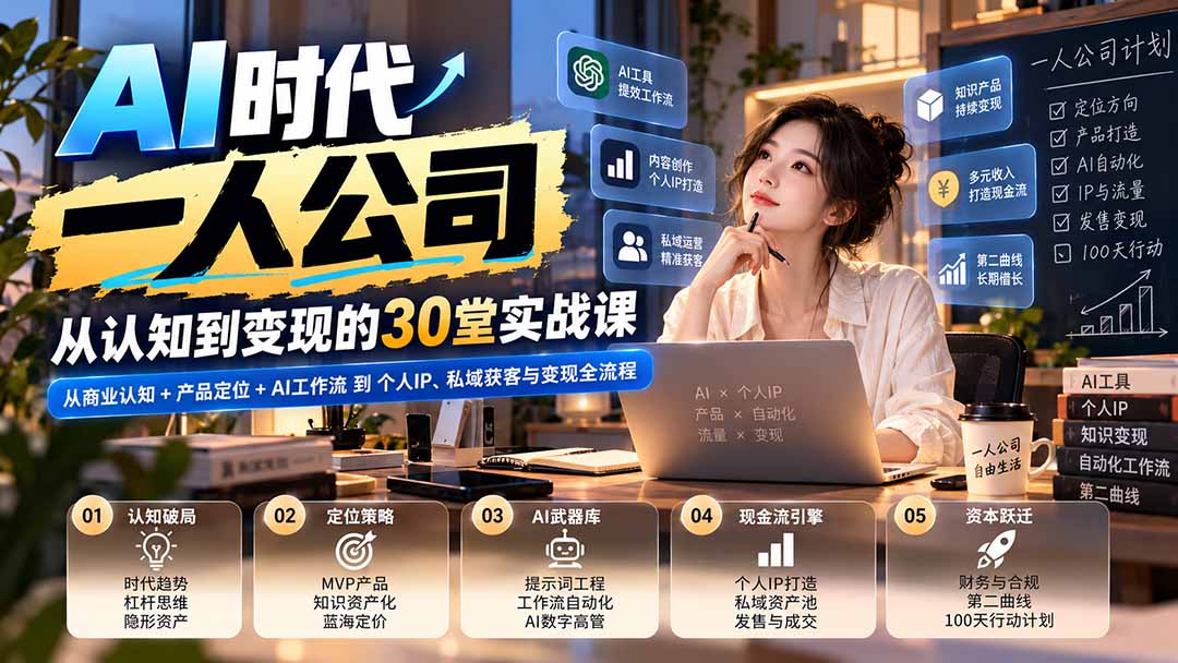 【无水印】AI时代一人公司30堂实战课：从商业认知+产品定位+AI工作流到个人IP、私域获客与变现全流程-超级会员网