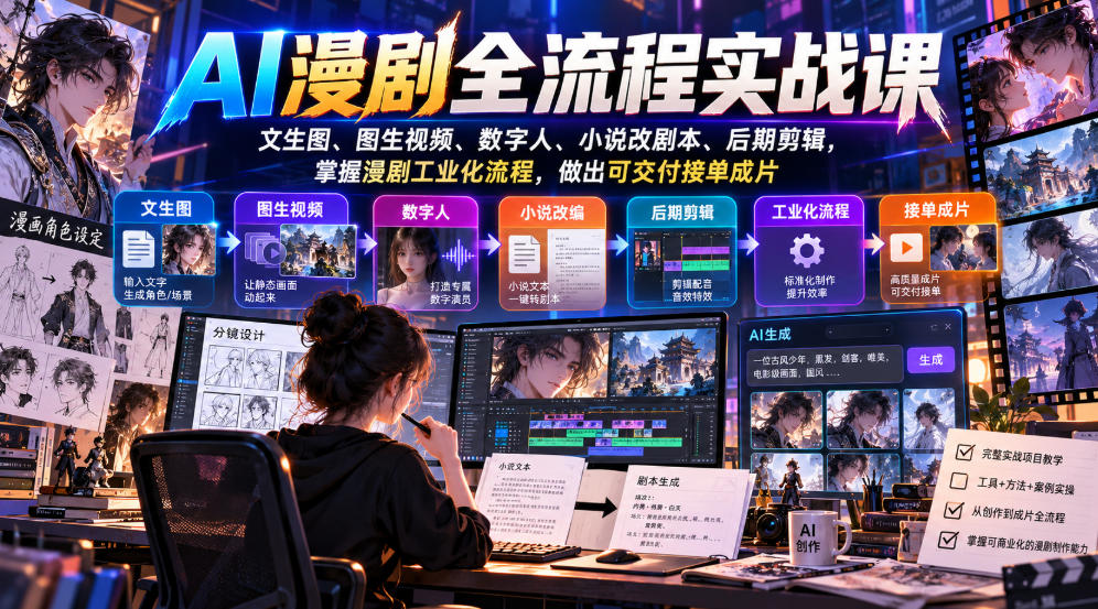 AI漫剧全流程实战课，文生图、图生视频、数字人、小说改剧本、后期剪辑，掌握漫剧工业化流程，做出可交付接单成片-超级会员网