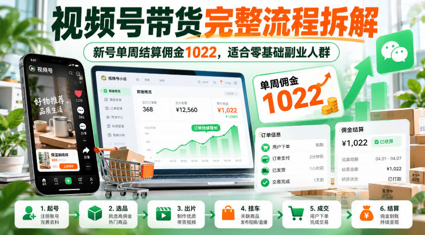 视频号带货完整流程拆解，新号单周结算佣金1022，适合零基础副业人群-超级会员网