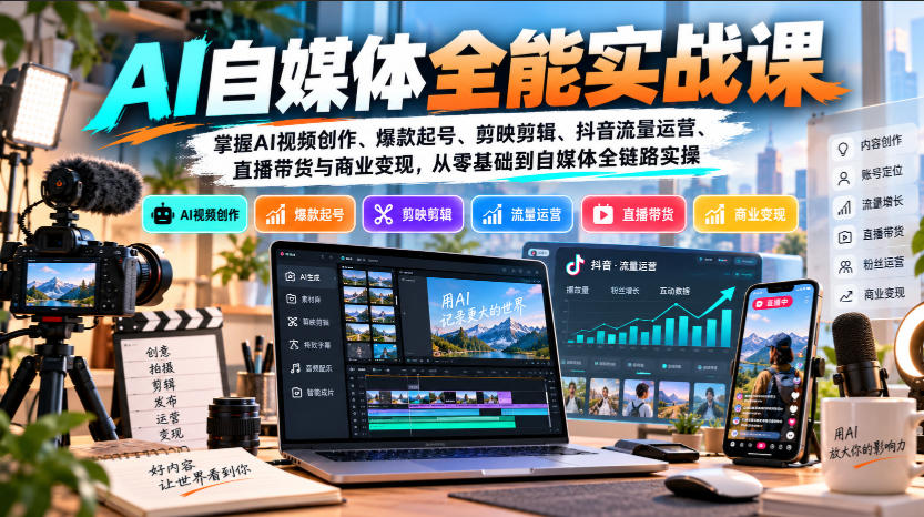 【无水印】AI自媒体全能实战课，掌握AI视频创作、爆款起号、剪映剪辑、抖音流量运营、直播带货与商业变现，从零基础到自媒体全链路实操-超级会员网