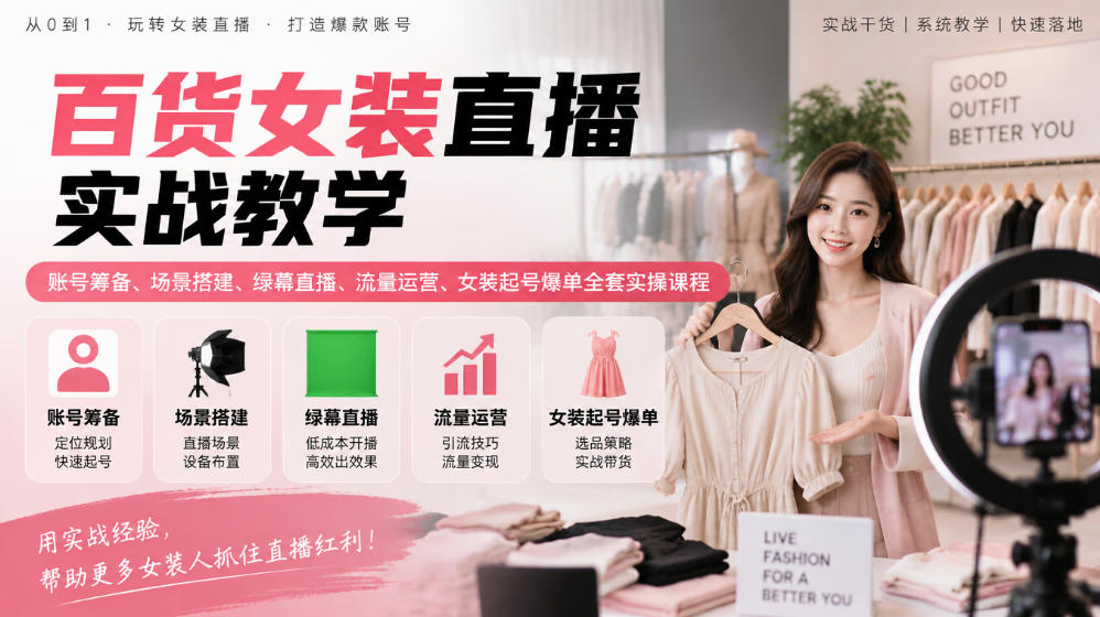 百货女装直播实战教学｜账号筹备、场景搭建、绿幕直播、流量运营、女装起号爆单全套实操课程-超级会员网