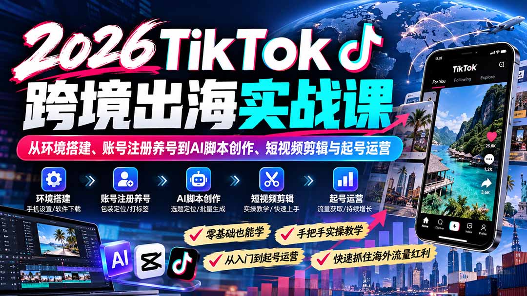 2026TikTok跨境出海实战课：从环境搭建、账号注册养号到AI脚本创作、短视频剪辑与起号运营-超级会员网