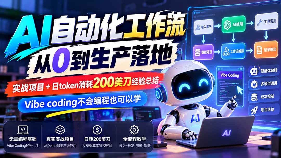 【无水印】AI自动化工作流从0到生产落地，实战项目+日token消耗200美刀经验总结，Vibe coding不会编程也可以学-超级会员网