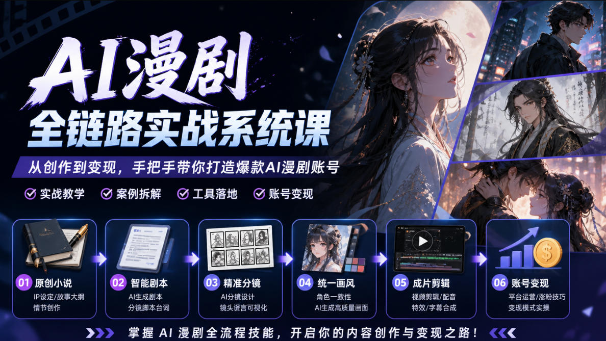 AI漫剧全链路实战系统课｜原创小说、智能剧本、精准分镜、统一画风、成片剪辑、账号变现实操教学(更新1018)-超级会员网